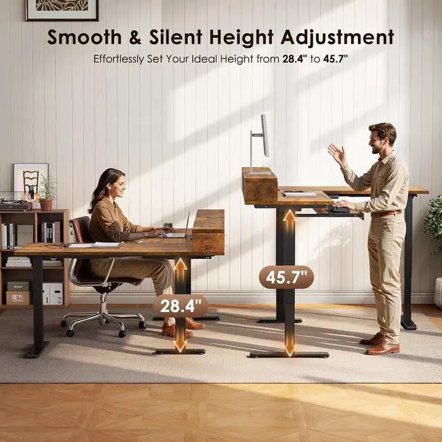 Alt view image 4 of 7 - 59 Inch L Shaped Electric Standing Desk with Drawers, Monitor Stand, Keyboard Tray, Fabric Drawer, Power Outlets, Height Adjustable Corner Stand Up Desk for Organized Home Office Rustic Brown