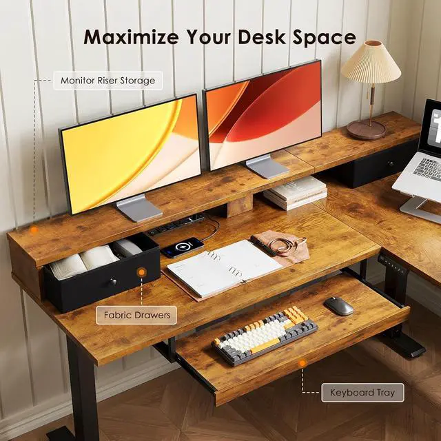 Alt view image 3 of 7 - 59 Inch L Shaped Electric Standing Desk with Drawers, Monitor Stand, Keyboard Tray, Fabric Drawer, Power Outlets, Height Adjustable Corner Stand Up Desk for Organized Home Office Rustic Brown
