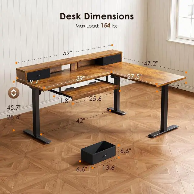 Alt view image 2 of 7 - 59 Inch L Shaped Electric Standing Desk with Drawers, Monitor Stand, Keyboard Tray, Fabric Drawer, Power Outlets, Height Adjustable Corner Stand Up Desk for Organized Home Office Rustic Brown
