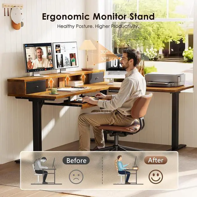 Alt view image 7 of 7 - 59 Inch L Shaped Electric Standing Desk with Drawers, Monitor Stand, Keyboard Tray, Fabric Drawer, Power Outlets, Height Adjustable Corner Stand Up Desk for Organized Home Office Rustic Brown