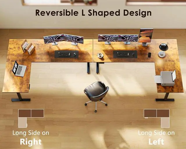 Alt view image 3 of 7 - 71 Inch Reversible L Shaped Electric Standing Desk, Large Corner Height Adjustable Stand Up Desk, 3 Memory Presets, Sit Stand Table, Reinforced Frame for Home Office Workstation Rustic Brown