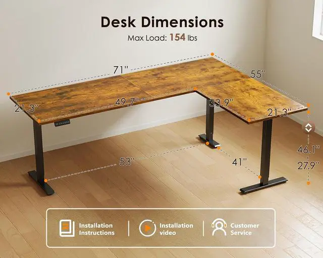 Alt view image 2 of 7 - 71 Inch Reversible L Shaped Electric Standing Desk, Large Corner Height Adjustable Stand Up Desk, 3 Memory Presets, Sit Stand Table, Reinforced Frame for Home Office Workstation Rustic Brown