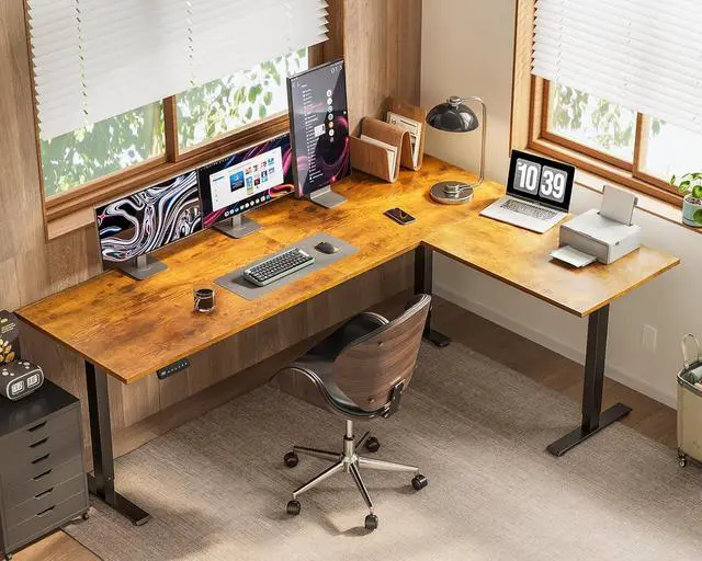 Alt view image 7 of 7 - 71 Inch Reversible L Shaped Electric Standing Desk, Large Corner Height Adjustable Stand Up Desk, 3 Memory Presets, Sit Stand Table, Reinforced Frame for Home Office Workstation Rustic Brown