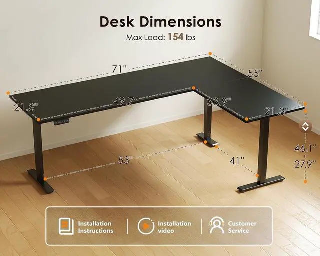 Alt view image 2 of 7 - 71 Inch Reversible L Shaped Electric Standing Desk, Large Corner Height Adjustable Stand Up Desk, 3 Memory Presets, Sit Stand Table, Reinforced Frame for Home Office Workstation Black