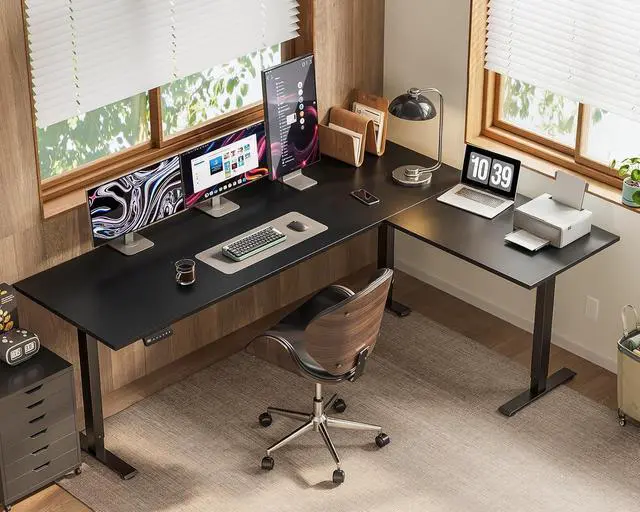 Alt view image 4 of 7 - 71 Inch Reversible L Shaped Electric Standing Desk, Large Corner Height Adjustable Stand Up Desk, 3 Memory Presets, Sit Stand Table, Reinforced Frame for Home Office Workstation Black
