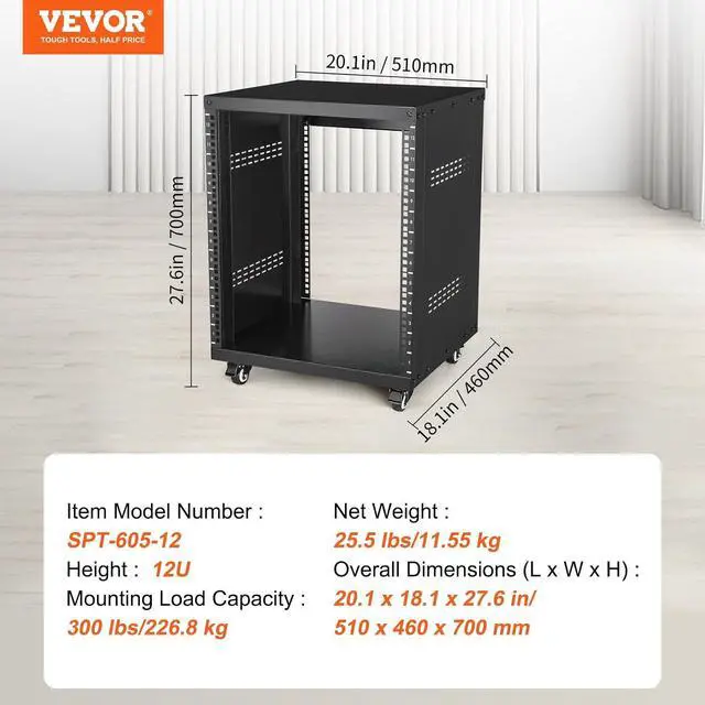 Alt view image 5 of 7 - 12U AV Rack Stand with Caster Wheels, Component Rack Cabinet Recording Studio Racks, Removable Side Panels, Universal Network Server Case, Special Vents for 19'' Audio Video Rack Mounting