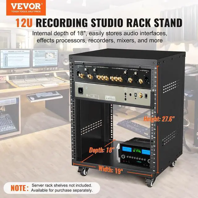 Alt view image 3 of 7 - 12U AV Rack Stand with Caster Wheels, Component Rack Cabinet Recording Studio Racks, Removable Side Panels, Universal Network Server Case, Special Vents for 19'' Audio Video Rack Mounting