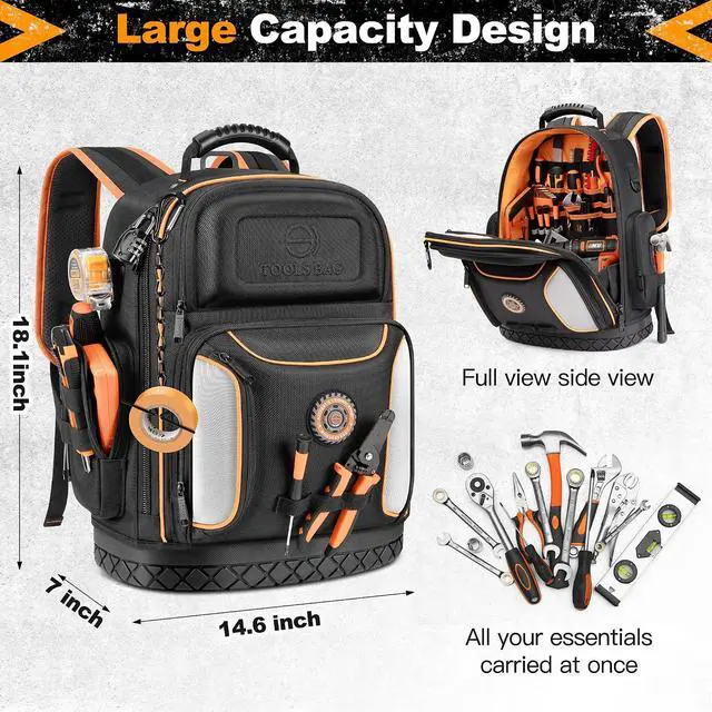 Alt view image 6 of 7 - 18.1-inch Heavy-Duty Tool Backpack, 75 Pockets, Black | 110 lbs Load Tested, 1680D Tear-Resistant Fabric, Removable Tool Panel, Combination Lock, Electricians, HVAC Pros