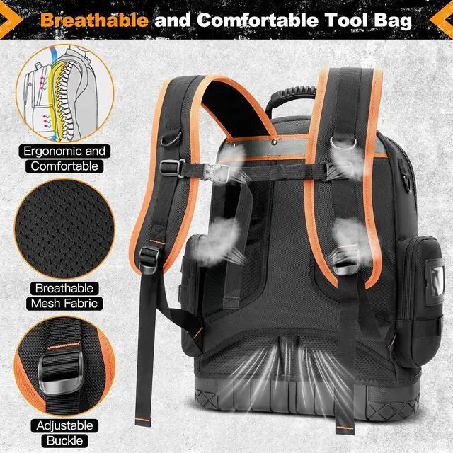 Alt view image 2 of 7 - 18.1-inch Heavy-Duty Tool Backpack, 75 Pockets, Black | 110 lbs Load Tested, 1680D Tear-Resistant Fabric, Removable Tool Panel, Combination Lock, Electricians, HVAC Pros