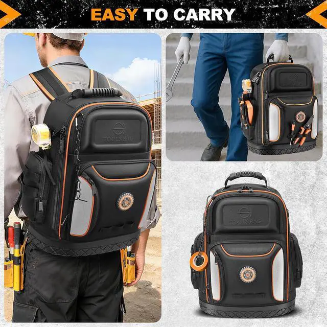 Alt view image 3 of 7 - 18.1-inch Heavy-Duty Tool Backpack, 75 Pockets, Black | 110 lbs Load Tested, 1680D Tear-Resistant Fabric, Removable Tool Panel, Combination Lock, Electricians, HVAC Pros