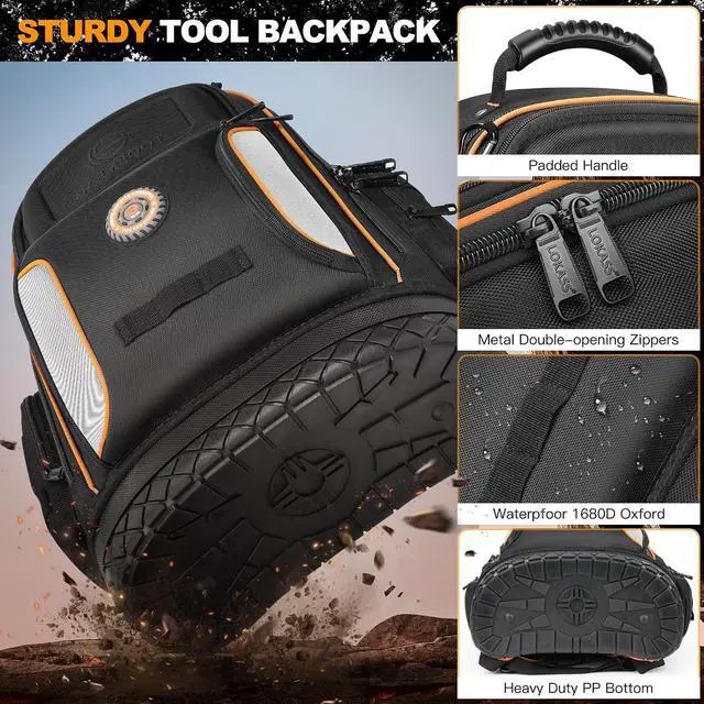 Alt view image 4 of 7 - 18.1-inch Heavy-Duty Tool Backpack, 75 Pockets, Black | 110 lbs Load Tested, 1680D Tear-Resistant Fabric, Removable Tool Panel, Combination Lock, Electricians, HVAC Pros