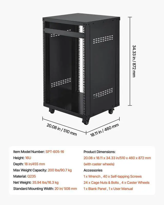 Alt view image 7 of 7 - 16U AV Rack, Recording Studio Rack Cabinet, Open Frame Server Rack with Locking Caster Wheels, Removable Side Panels & Vent Design for 19" Network, Audio, Video, IT & Network Equipment Mounting