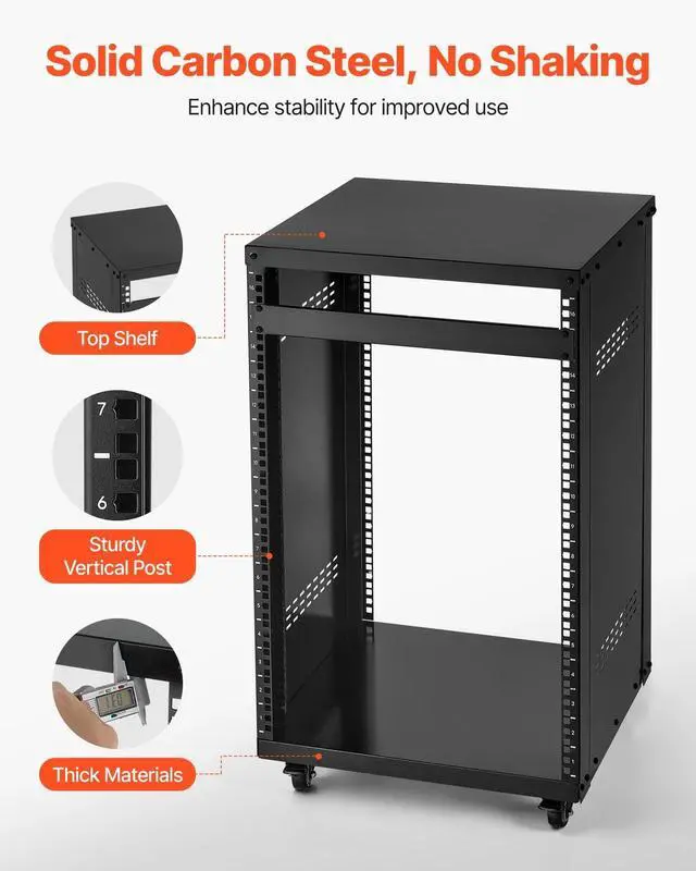 Alt view image 2 of 7 - 16U AV Rack, Recording Studio Rack Cabinet, Open Frame Server Rack with Locking Caster Wheels, Removable Side Panels & Vent Design for 19" Network, Audio, Video, IT & Network Equipment Mounting