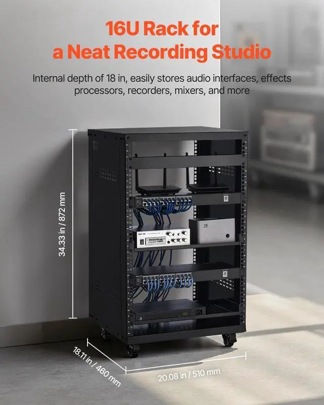 Alt view image 6 of 7 - 16U AV Rack, Recording Studio Rack Cabinet, Open Frame Server Rack with Locking Caster Wheels, Removable Side Panels & Vent Design for 19" Network, Audio, Video, IT & Network Equipment Mounting