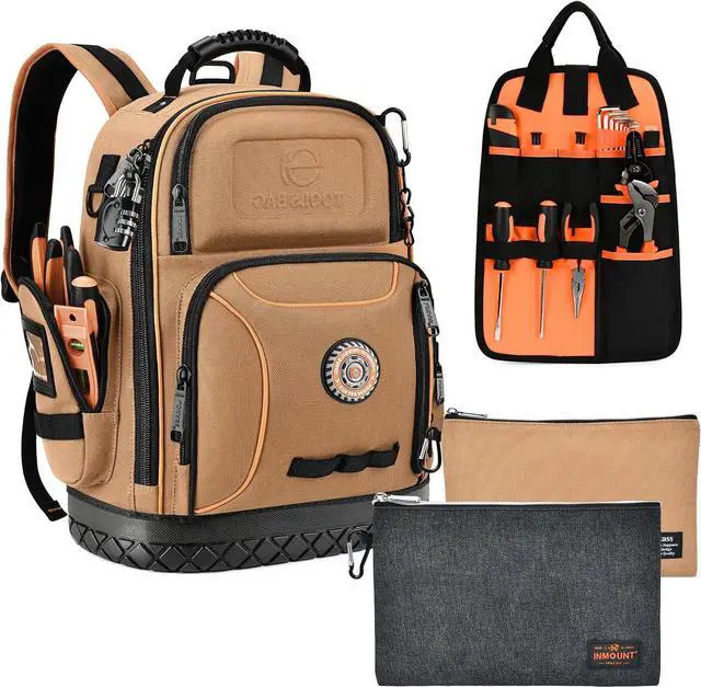 Main image of Tool Bag Backpack with 2 Canvas Tool Pouch Tool Kit, 75 Pockets & Loops Heavy Duty Tools Organizer/HVAC Tool Carrier for Eelectrician/Construction Work with Molded Base and Combination Lock, Brown