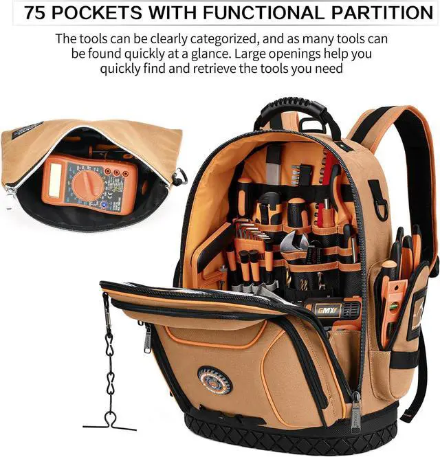Alt view image 5 of 7 - Tool Bag Backpack with 2 Canvas Tool Pouch Tool Kit, 75 Pockets & Loops Heavy Duty Tools Organizer/HVAC Tool Carrier for Eelectrician/Construction Work with Molded Base and Combination Lock, Brown