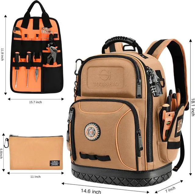 Alt view image 2 of 7 - Tool Bag Backpack with 2 Canvas Tool Pouch Tool Kit, 75 Pockets & Loops Heavy Duty Tools Organizer/HVAC Tool Carrier for Eelectrician/Construction Work with Molded Base and Combination Lock, Brown