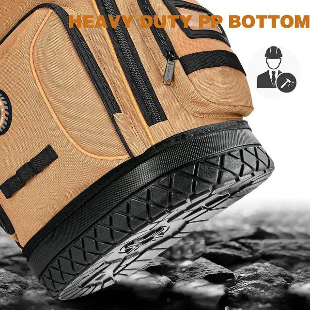 Alt view image 6 of 7 - Tool Bag Backpack with 2 Canvas Tool Pouch Tool Kit, 75 Pockets & Loops Heavy Duty Tools Organizer/HVAC Tool Carrier for Eelectrician/Construction Work with Molded Base and Combination Lock, Brown
