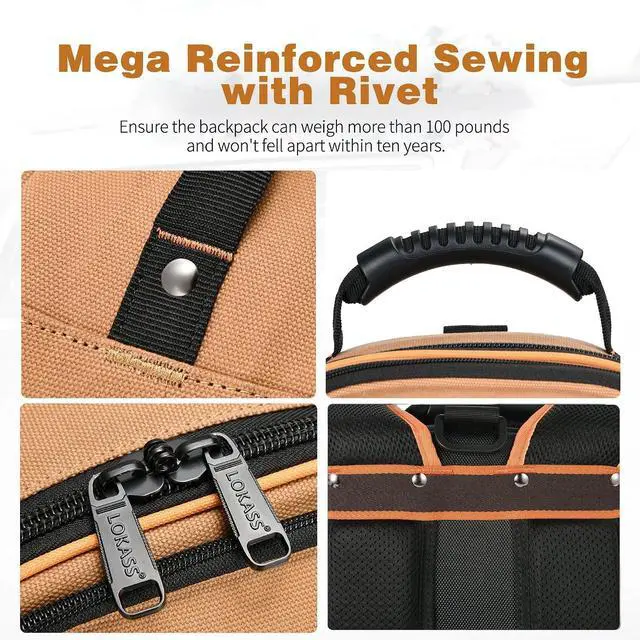 Alt view image 3 of 7 - Tool Bag Backpack with 2 Canvas Tool Pouch Tool Kit, 75 Pockets & Loops Heavy Duty Tools Organizer/HVAC Tool Carrier for Eelectrician/Construction Work with Molded Base and Combination Lock, Brown