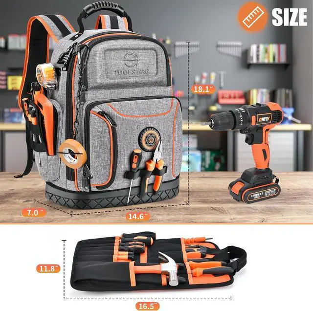 Alt view image 3 of 7 - ,18.1-inch Heavy-Duty Tool Backpack, 75 Pockets, Gray | 110 lbs Load Tested, 1680D Tear-Resistant Fabric, Removable Tool Panel, Combination Lock, Electricians, HVAC Pros