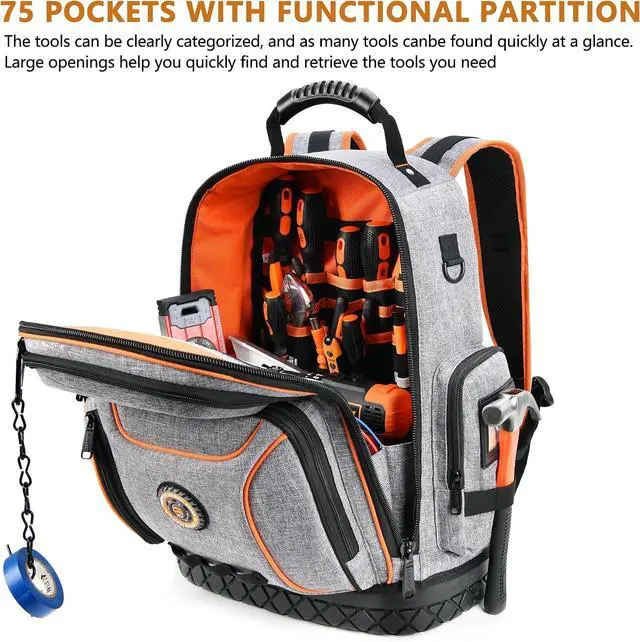 Alt view image 6 of 7 - ,18.1-inch Heavy-Duty Tool Backpack, 75 Pockets, Gray | 110 lbs Load Tested, 1680D Tear-Resistant Fabric, Removable Tool Panel, Combination Lock, Electricians, HVAC Pros