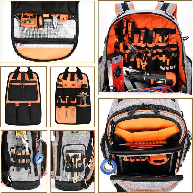 Alt view image 5 of 7 - ,18.1-inch Heavy-Duty Tool Backpack, 75 Pockets, Gray | 110 lbs Load Tested, 1680D Tear-Resistant Fabric, Removable Tool Panel, Combination Lock, Electricians, HVAC Pros