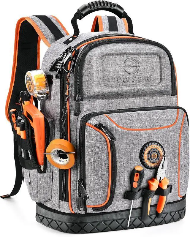 Main image of ,18.1-inch Heavy-Duty Tool Backpack, 75 Pockets, Gray | 110 lbs Load Tested, 1680D Tear-Resistant Fabric, Removable Tool Panel, Combination Lock, Electricians, HVAC Pros