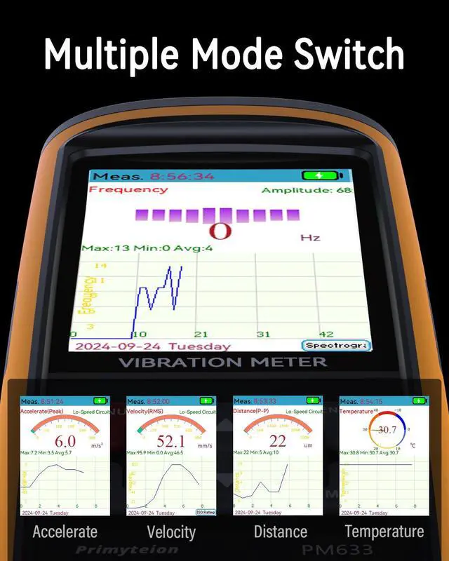 Alt view image 6 of 7 - Digital Vibration Meter, Measurement Analysis Mechanical Equipment Vibration Frequency, Acceleration, Velocity, Displacement, Temperature for Motors, HVAC, Engines, Generator, Pumps