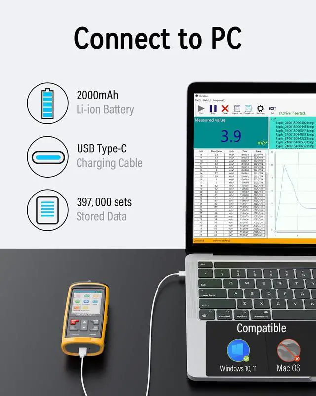Alt view image 4 of 7 - Digital Vibration Meter, Measurement Analysis Mechanical Equipment Vibration Frequency, Acceleration, Velocity, Displacement, Temperature for Motors, HVAC, Engines, Generator, Pumps