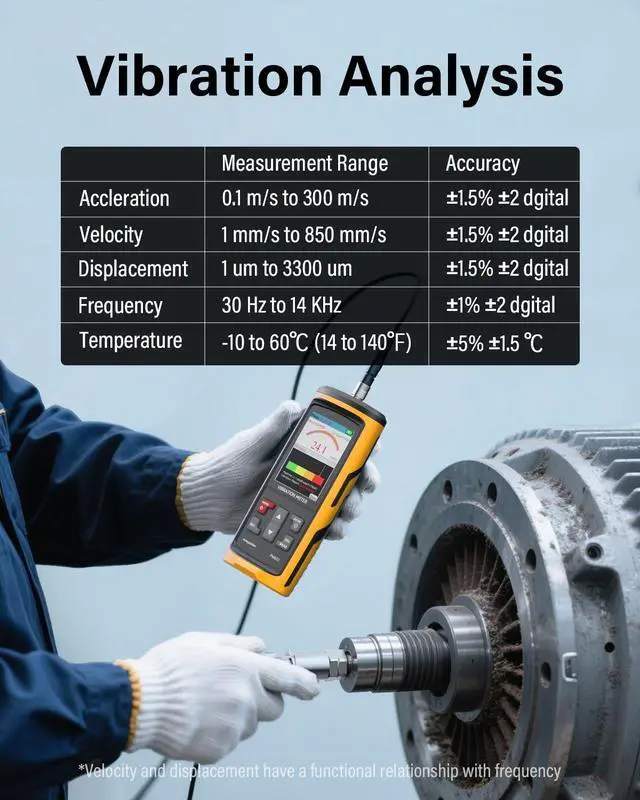 Alt view image 3 of 7 - Digital Vibration Meter, Measurement Analysis Mechanical Equipment Vibration Frequency, Acceleration, Velocity, Displacement, Temperature for Motors, HVAC, Engines, Generator, Pumps