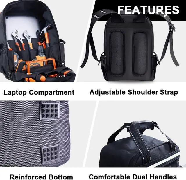 Alt view image 5 of 6 - Tool Backpack for Men 18 Inch Heavy Duty Waterproof Multiple Pockets with 3 Tool Pouches Tool Bag Organizer with Shoulder for Electrician Mechanics HVAC Engineer (Red)