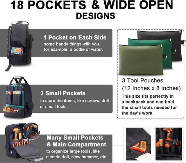 Alt view image 4 of 6 - Tool Backpack for Men 18 Inch Heavy Duty Waterproof Multiple Pockets with 3 Tool Pouches Tool Bag Organizer with Shoulder for Electrician Mechanics HVAC Engineer (Red)