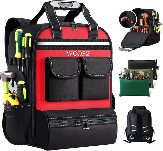 Main image of Tool Backpack for Men 18 Inch Heavy Duty Waterproof Multiple Pockets with 3 Tool Pouches Tool Bag Organizer with Shoulder for Electrician Mechanics HVAC Engineer (Red)