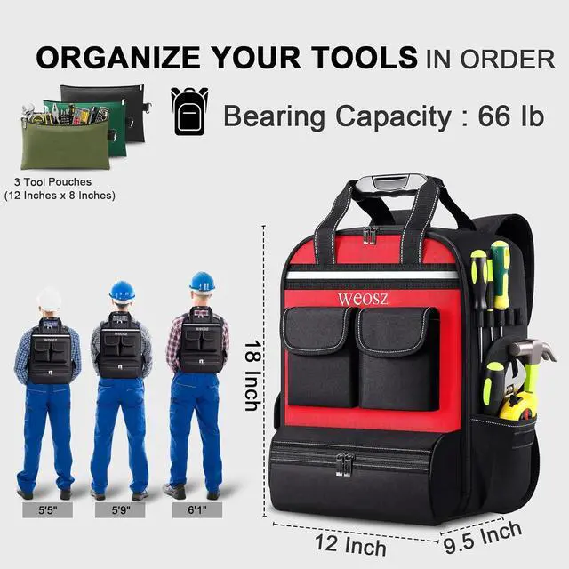 Alt view image 3 of 6 - Tool Backpack for Men 18 Inch Heavy Duty Waterproof Multiple Pockets with 3 Tool Pouches Tool Bag Organizer with Shoulder for Electrician Mechanics HVAC Engineer (Red)