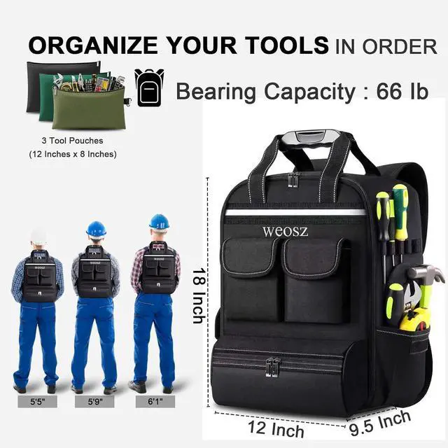 Alt view image 7 of 7 - Tool Backpack for Men 18 Inch Heavy Duty Waterproof Multiple Pockets Tool Bag Organizer with Shoulder for Electrician Mechanics HVAC Engineer,Black