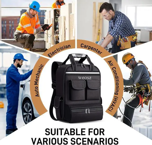 Alt view image 6 of 7 - Tool Backpack for Men 18 Inch Heavy Duty Waterproof Multiple Pockets Tool Bag Organizer with Shoulder for Electrician Mechanics HVAC Engineer,Black