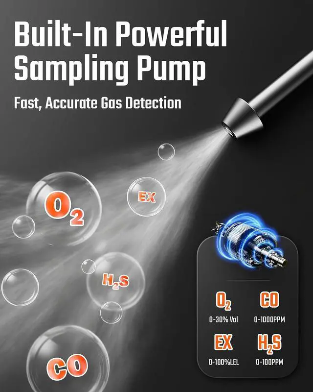 Alt view image 5 of 6 - 4 Gas Monitor, Pump Gas Monitor for O, LEL, CO and HS, 51" Extension Probe Included, 5-Year O Sensor Lifespan, USB Data Export, 23h Runtime, for Confined Space and Industrial Use