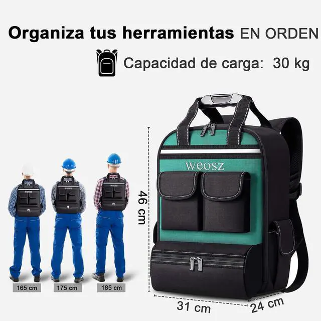 Alt view image 2 of 6 - Tool Backpack for Men 18 Inch Heavy Duty Waterproof Multiple Pockets Tool Bag Organizer with Shoulder for Electrician Mechanics HVAC Engineer,Green