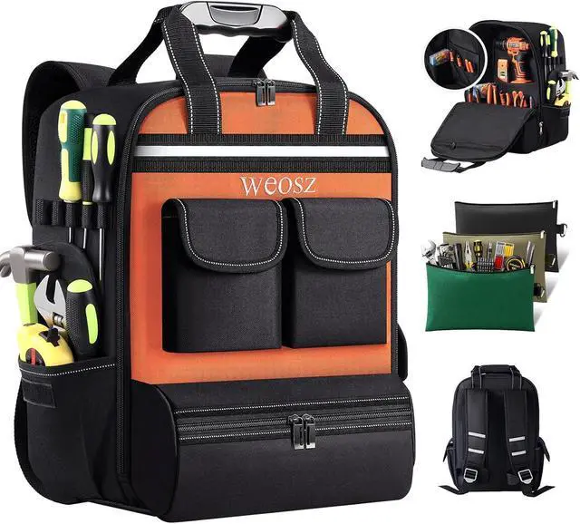 Main image of Tool Backpack for Men 18 Inch Heavy Duty Waterproof Multiple Pockets with 3 Tool Pouches Tool Bag Organizer with Shoulder for Electrician Mechanics HVAC Engineer (Orange)