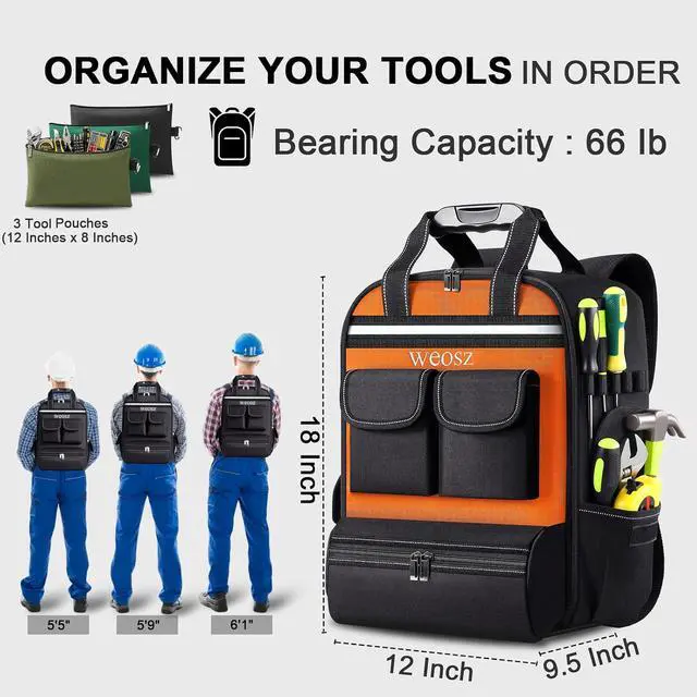 Alt view image 2 of 6 - Tool Backpack for Men 18 Inch Heavy Duty Waterproof Multiple Pockets with 3 Tool Pouches Tool Bag Organizer with Shoulder for Electrician Mechanics HVAC Engineer (Orange)