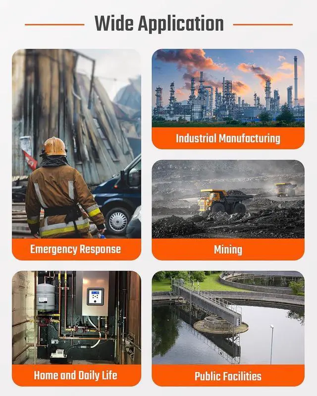 Alt view image 2 of 6 - Gas Detector, 4 Gas Monitor for H2S, CO, LEL and O2, with Vibration, Visual and Audible Alarms, 14h Long Battery Life, Safety Explosion-Proof, for Work, Home - Orange