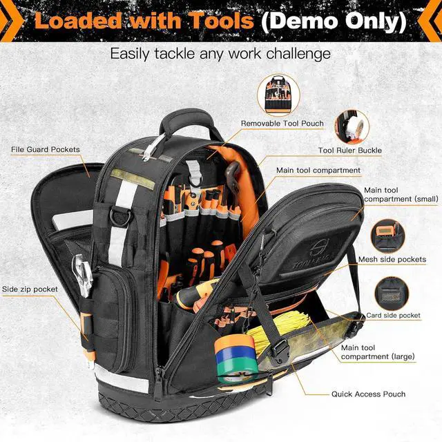 Alt view image 5 of 7 - Tool Backpack Bag, HVAC Heavy Duty Construction Tools Backpack for Men, 1680D Professional Level Durable Tool Organizer, with Molded Base & Combination Lock, for Electricians & Home Repair-Version 3.0
