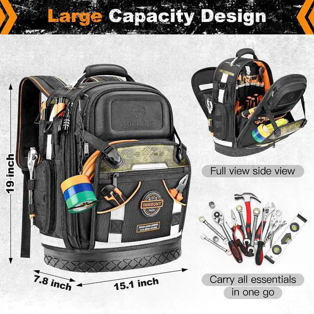 Alt view image 2 of 7 - Tool Backpack Bag, HVAC Heavy Duty Construction Tools Backpack for Men, 1680D Professional Level Durable Tool Organizer, with Molded Base & Combination Lock, for Electricians & Home Repair-Version 3.0