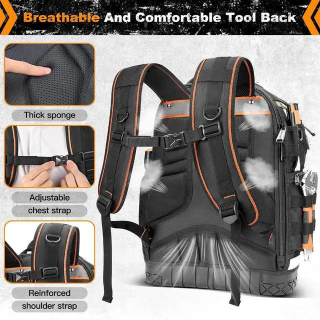 Alt view image 4 of 7 - Tool Backpack Bag, HVAC Heavy Duty Construction Tools Backpack for Men, 1680D Professional Level Durable Tool Organizer, with Molded Base & Combination Lock, for Electricians & Home Repair-Version 3.0
