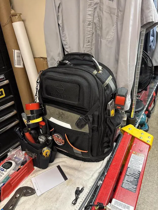 Alt view image 6 of 7 - Tool Backpack Bag, HVAC Heavy Duty Construction Tools Backpack for Men, 1680D Professional Level Durable Tool Organizer, with Molded Base & Combination Lock, for Electricians & Home Repair-Version 3.0