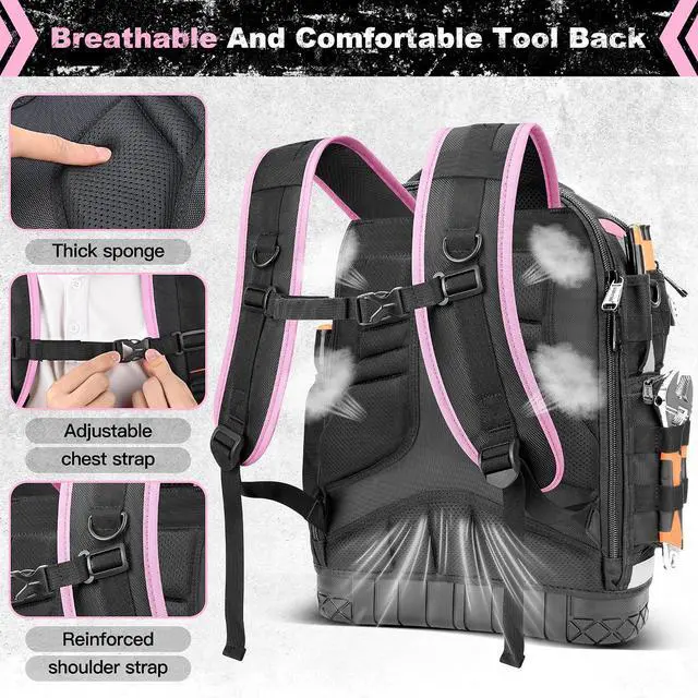 Alt view image 3 of 7 - Tool Backpack Bag, Electrician Tool Bag 78-Pockets & Loops Tools Bag HVAC Tool Bags for Men, Heavy Duty Storage Construction tools Backpack (style1-Pink)