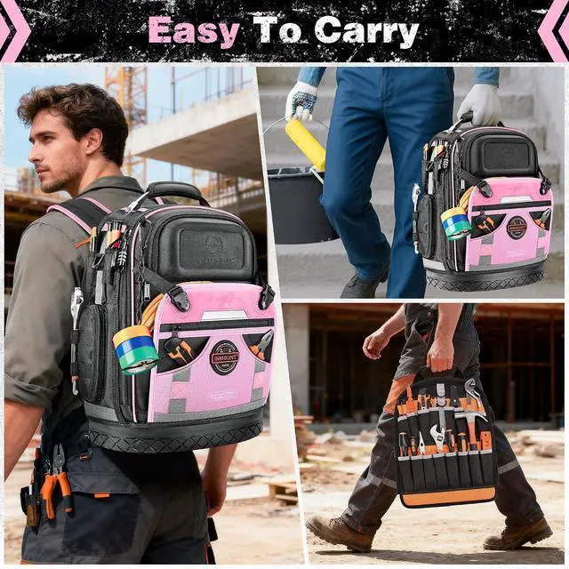 Alt view image 5 of 7 - Tool Backpack Bag, Electrician Tool Bag 78-Pockets & Loops Tools Bag HVAC Tool Bags for Men, Heavy Duty Storage Construction tools Backpack (style1-Pink)