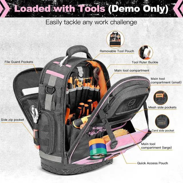 Alt view image 4 of 7 - Tool Backpack Bag, Electrician Tool Bag 78-Pockets & Loops Tools Bag HVAC Tool Bags for Men, Heavy Duty Storage Construction tools Backpack (style1-Pink)
