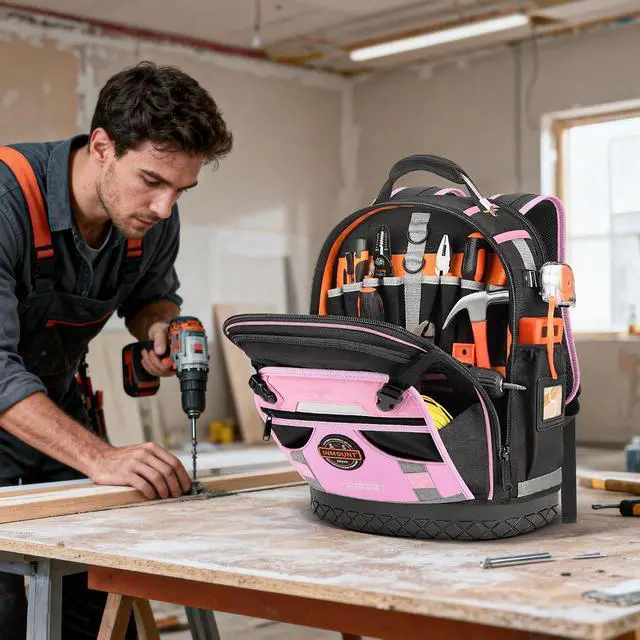 Alt view image 6 of 7 - Tool Backpack Bag, Electrician Tool Bag 78-Pockets & Loops Tools Bag HVAC Tool Bags for Men, Heavy Duty Storage Construction tools Backpack (style1-Pink)