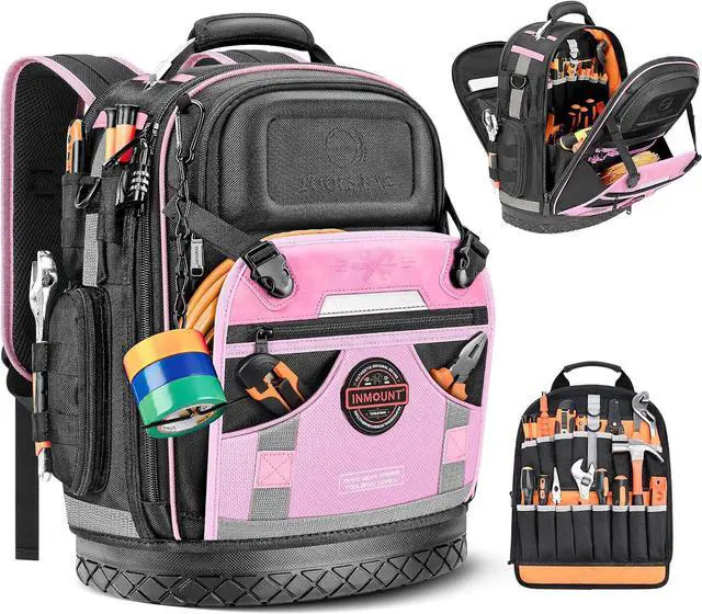 Main image of Tool Backpack Bag, Electrician Tool Bag 78-Pockets & Loops Tools Bag HVAC Tool Bags for Men, Heavy Duty Storage Construction tools Backpack (style1-Pink)